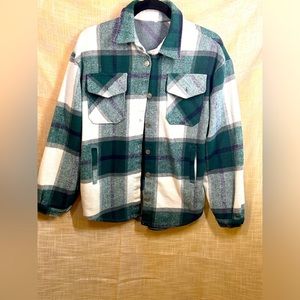 Wool plaid medium trucker style green and white jacket.